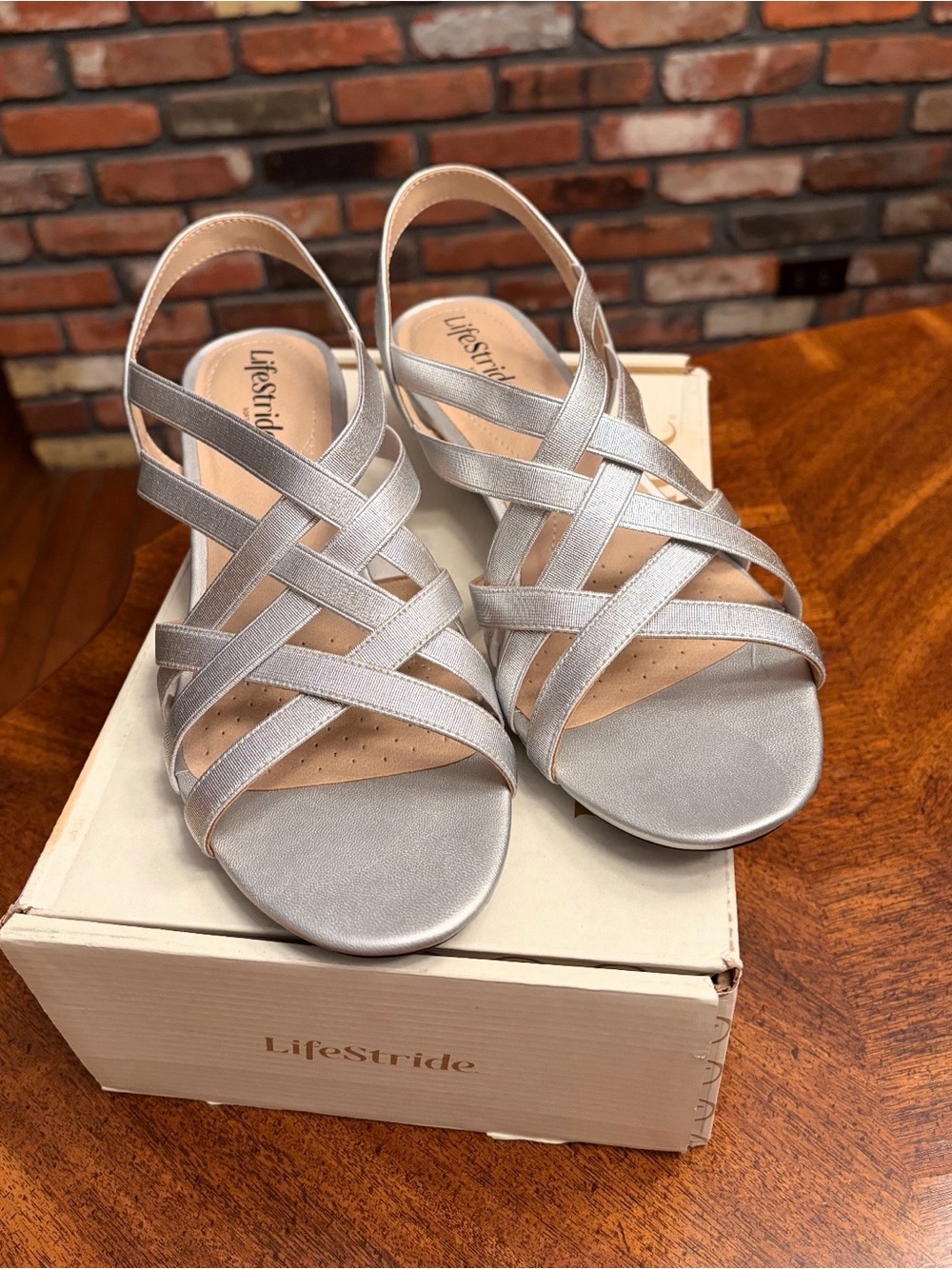 Life Stride Silver Metallic Crisscross Slingback Sandals - Women's